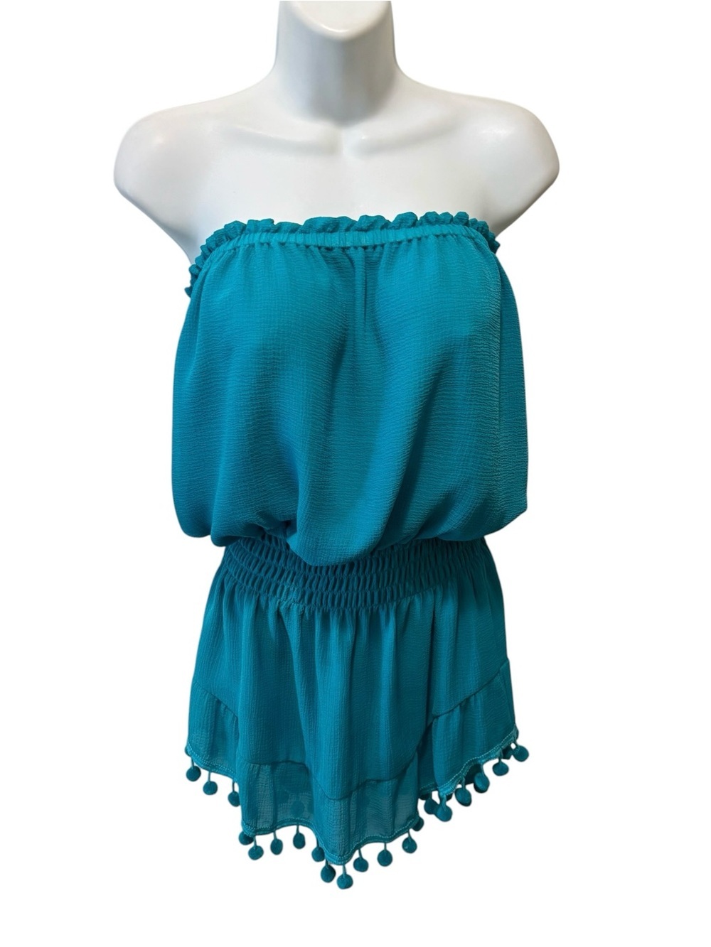Ramy Brook Marcie Strapless Mini Dress Sz S Teal Texture Fabric Pom-Pom Trim